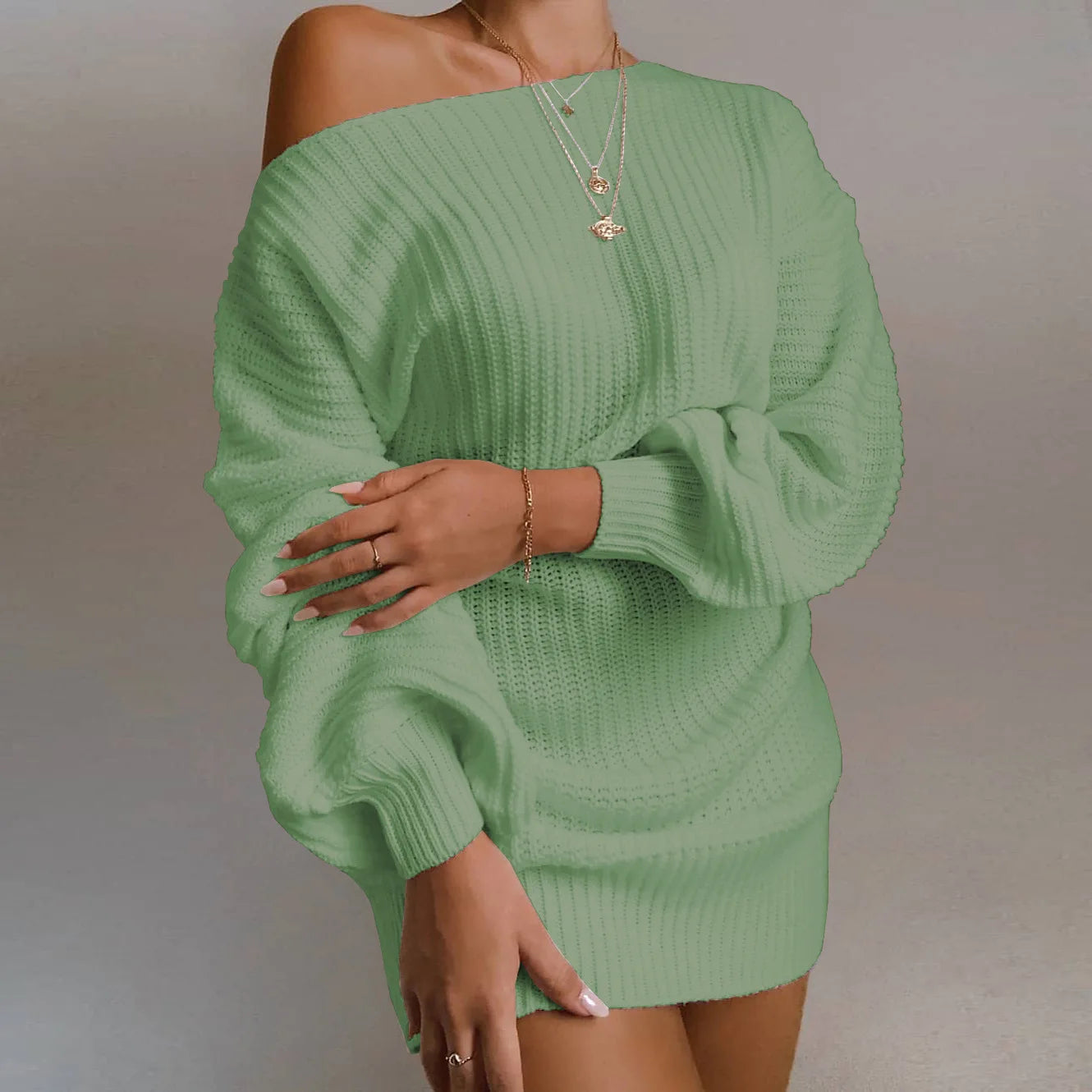 Women's Knitted Mini Sweater Dress - Long Sleeve Knitwear Dress