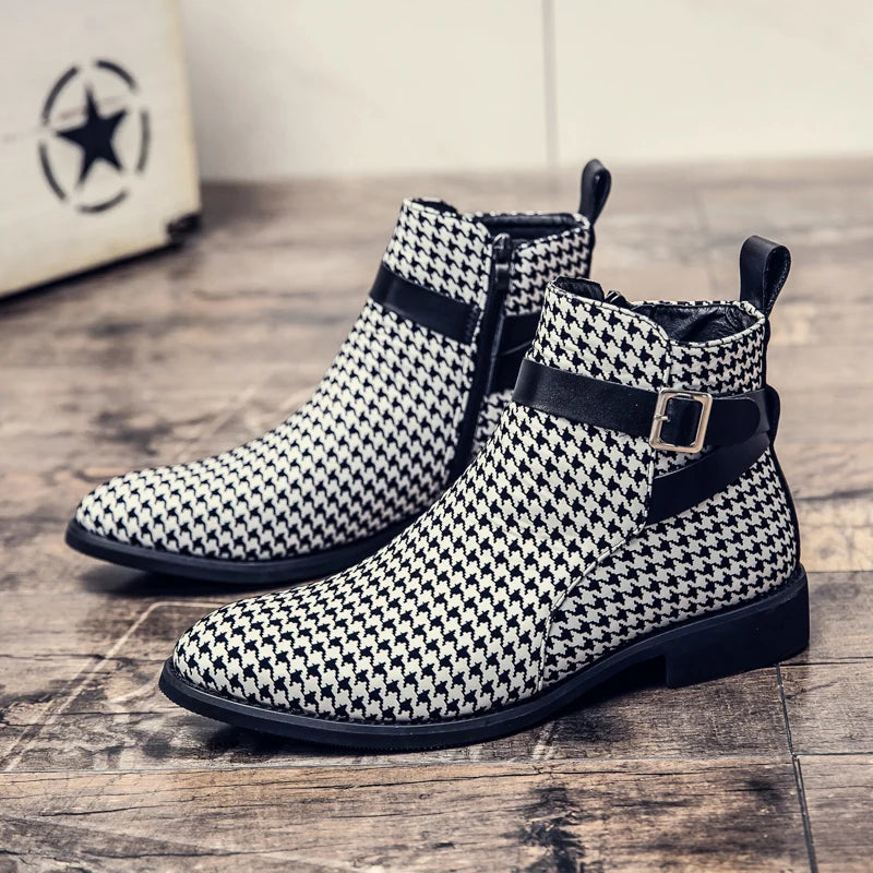 Men's Houndstooth Ankle Boots - Leather Buckle Dress Shoes