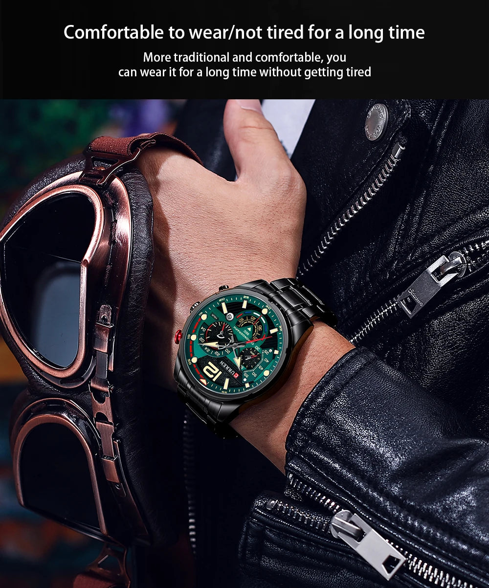 Premium Green Stainless Steel Quartz Watch - Waterproof Sport Chronograph