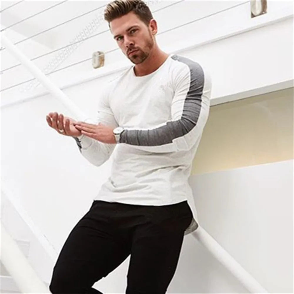 Long Sleeve Sport  Gym Shirt - Men Rushgard Running Cotton Stripe Fitness T Shirt