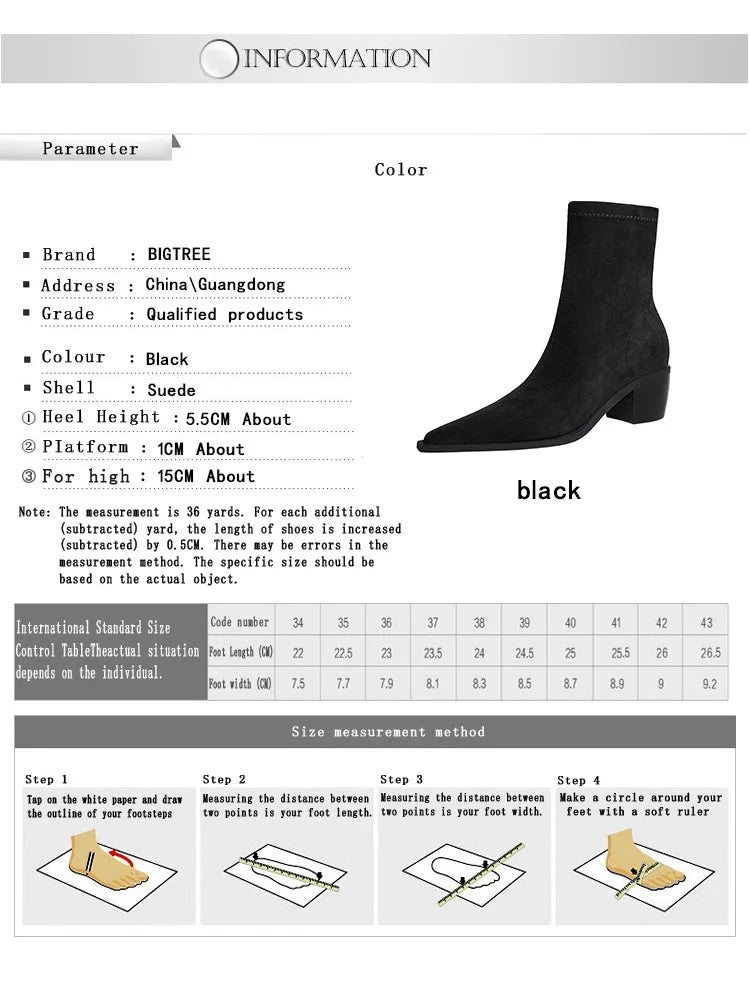 Suede Ankle Boots - Pointed Toe Thick Heel Autumn Boots for Women