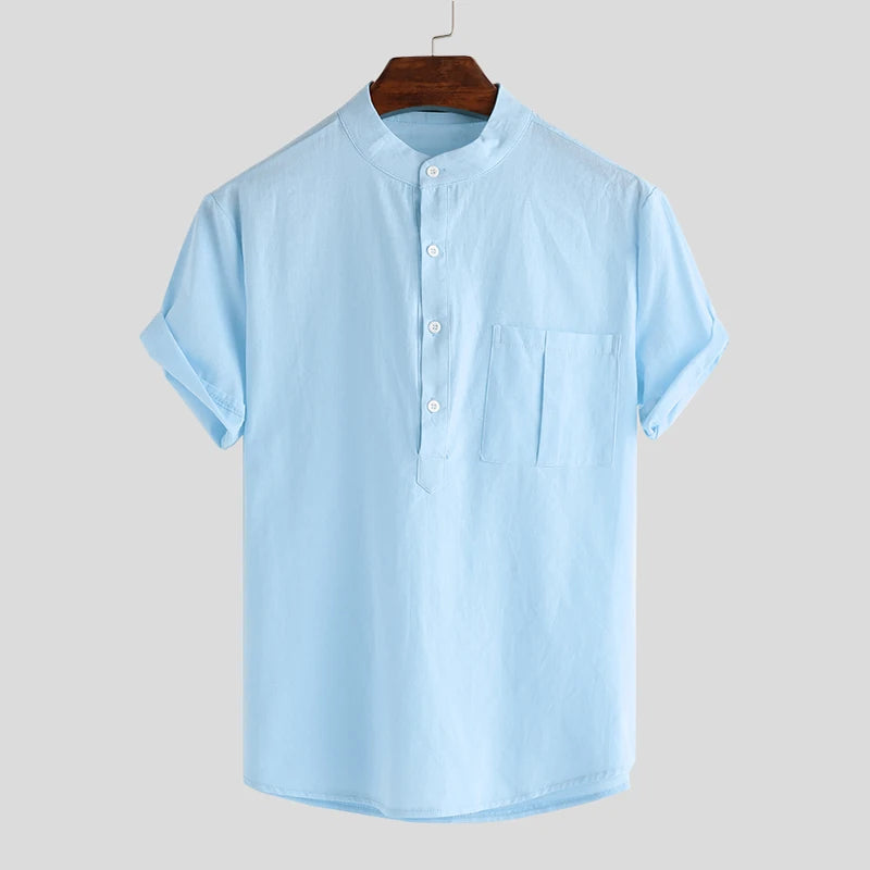 Summer Casual Men Stand Collar Solid Cotton Short Sleeve Shirt