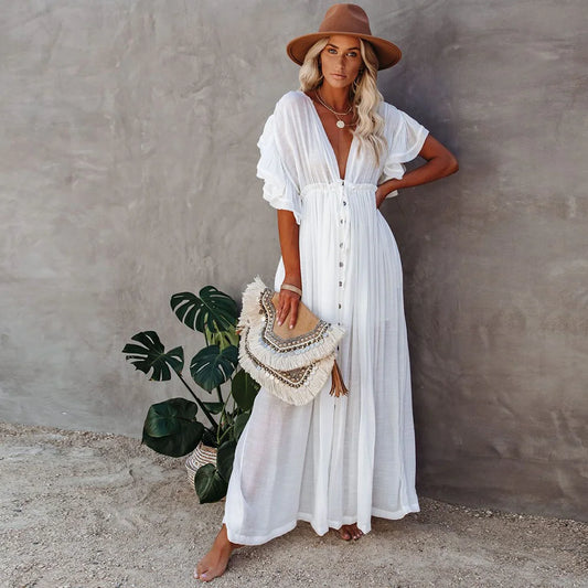 Women's Swimsuit Cover Ups Mandarin Sleeve Kaftan Beach Tunic Beach Dress