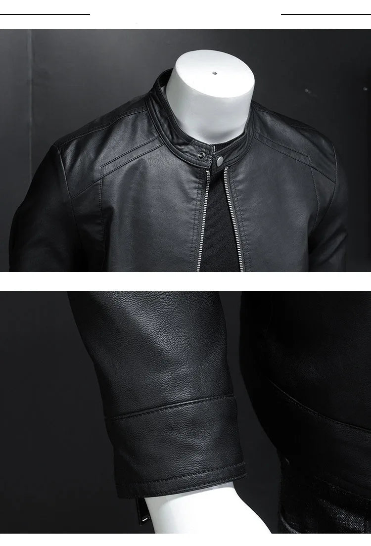 Men Stand Collar Slim Pu Leather Jacket