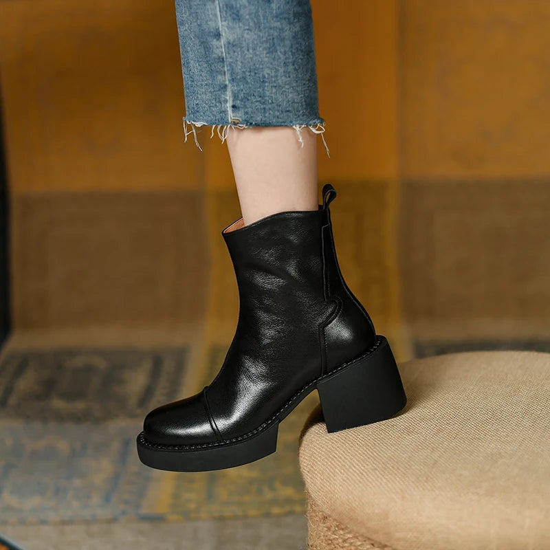 Women's Genuine Leather Platform Chunky Ankle Boots