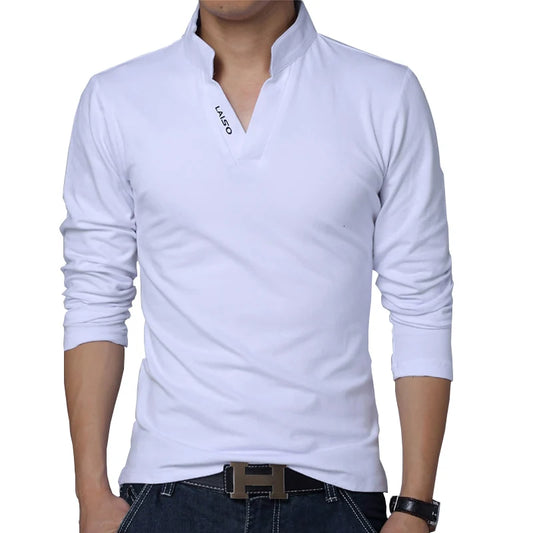 Men's Cotton t Mandarin Collar Long Sleeve T-Shirt