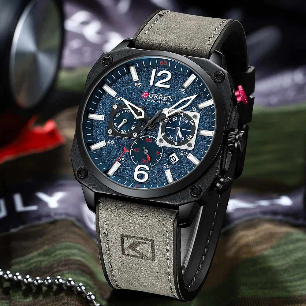 Men's Military Sports Watch - Leather Strap Chronograph Quartz