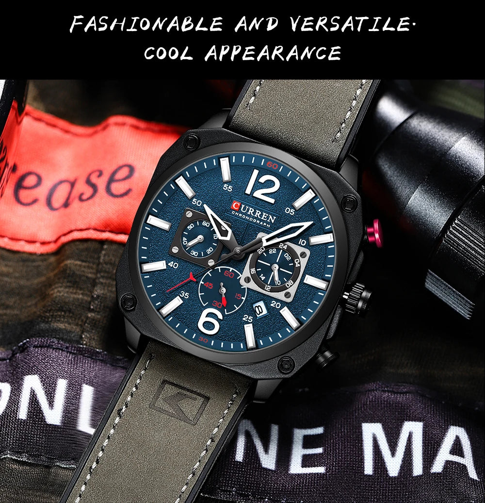 Men's Military Sports Watch - Leather Strap Chronograph Quartz