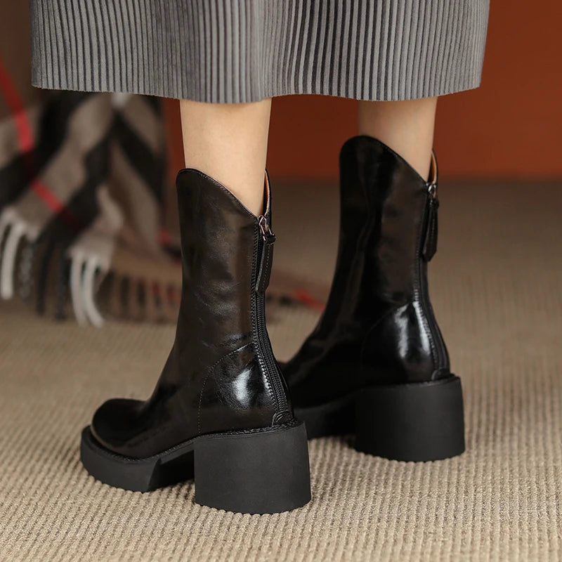 Women's Genuine Leather Chunky Heels Ankle Boots