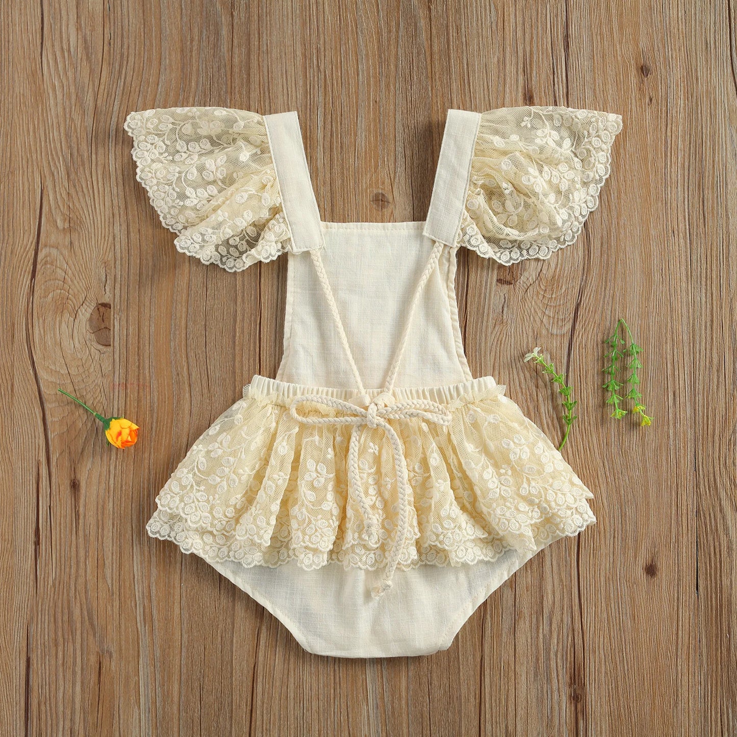 0-24M Princess Baby Girls Bodysuits Lace Flowers Print Ruffles Short Sleeve Jumpsuits