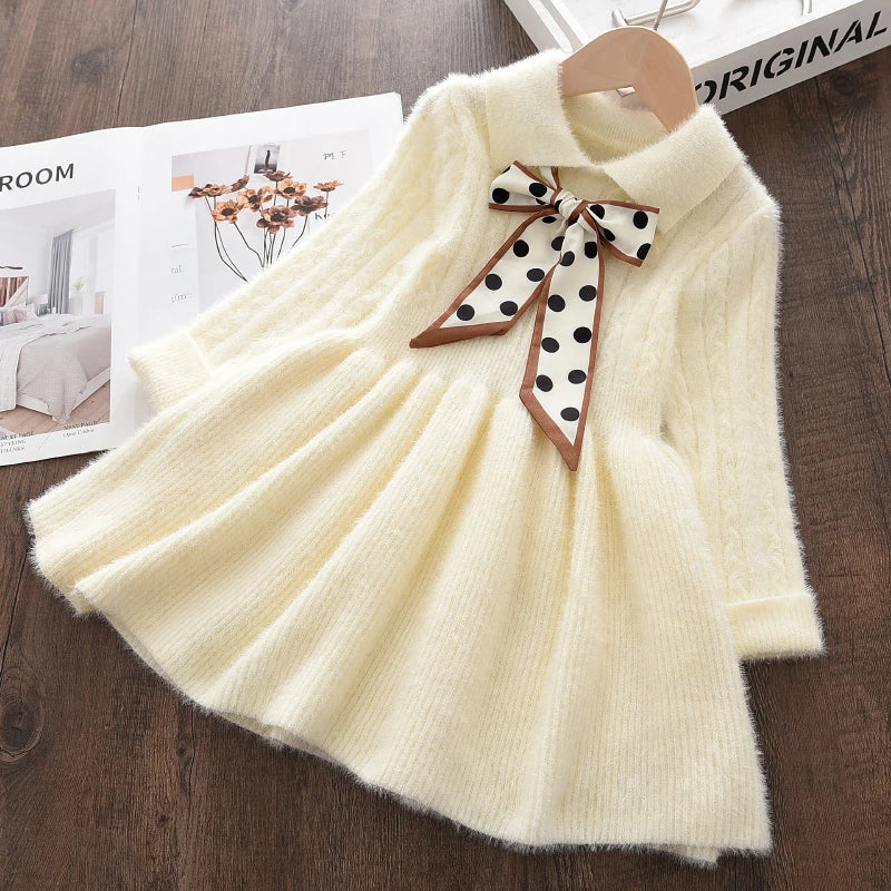 Children's Girl's  Thick Collar Sweater Spotted Bow Collar Pleated Knit Dress