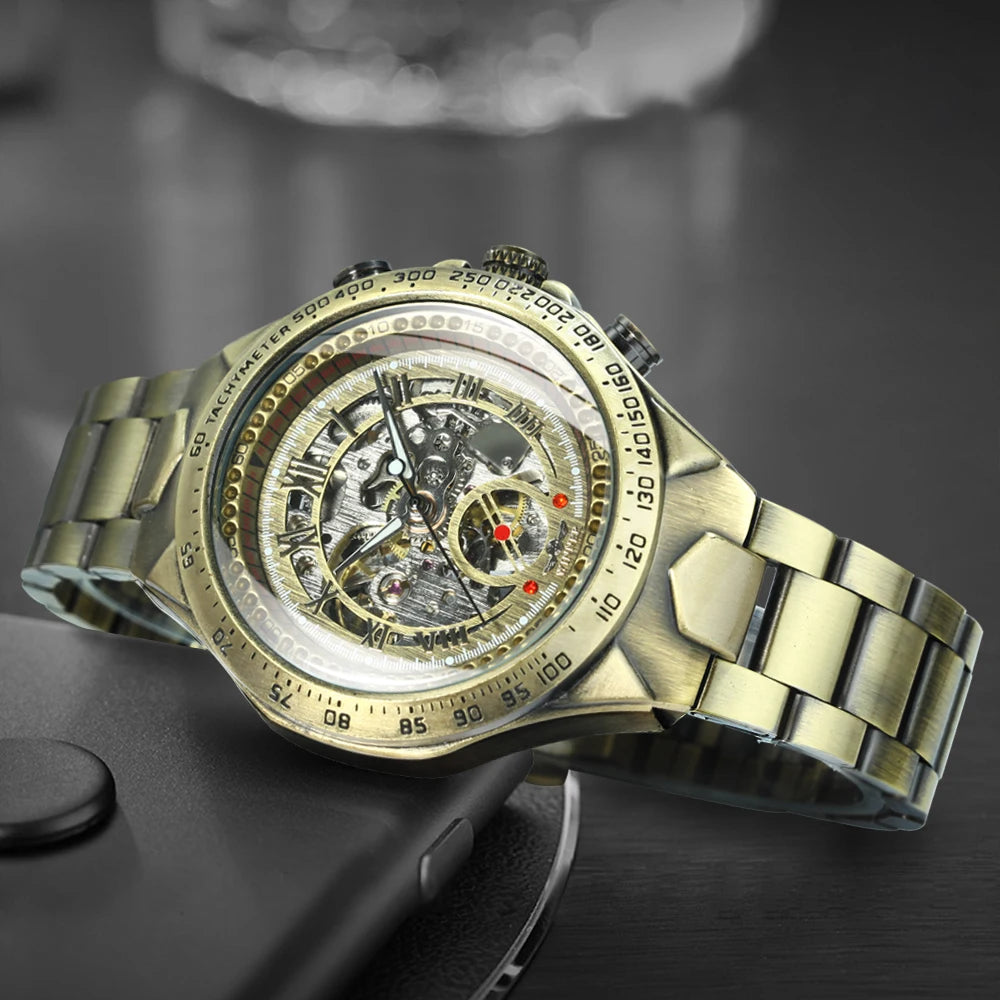 Men Mechanical Wristwatches Skeleton Watch Golden