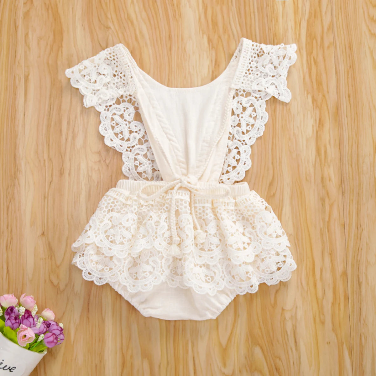 0-3Y Baby Girls Bodysuits Lace Flowers Ruffles Short Sleeve Backless Jumpsuit