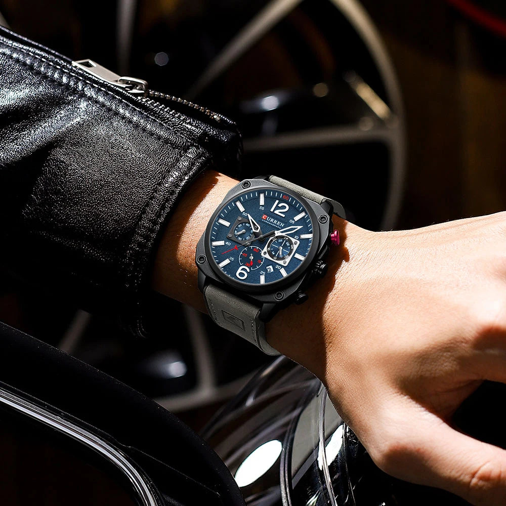 Men's Military Sports Watch - Leather Strap Chronograph Quartz