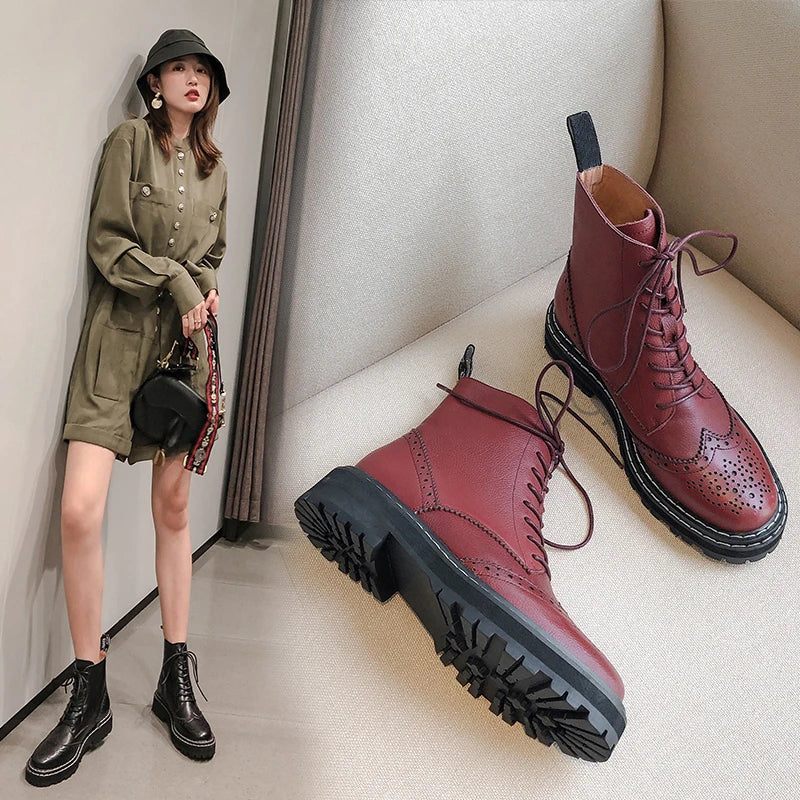 Women Hollow Out Flowers Brogues Platformed Marten Genuine Leather Boots