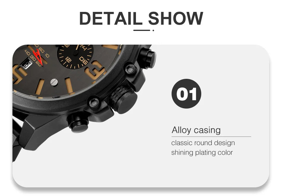 Men's Military Sports Watch - Chronograph Waterproof with Genuine Leather Strap