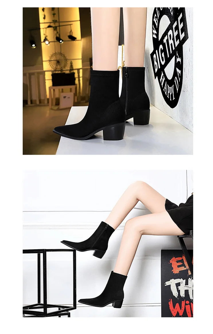 Suede Ankle Boots - Pointed Toe Thick Heel Autumn Boots for Women