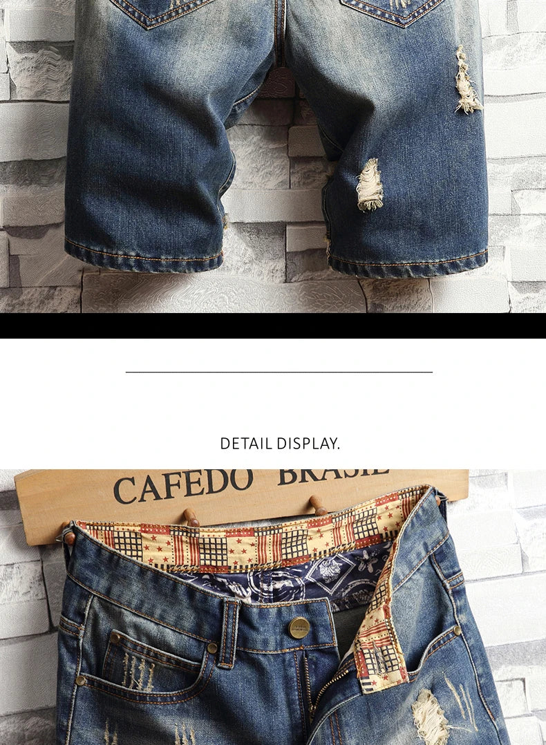 Men's Hole Ripped Denim Shorts