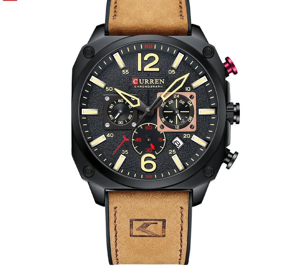 Men's Military Sports Watch - Leather Strap Chronograph Quartz