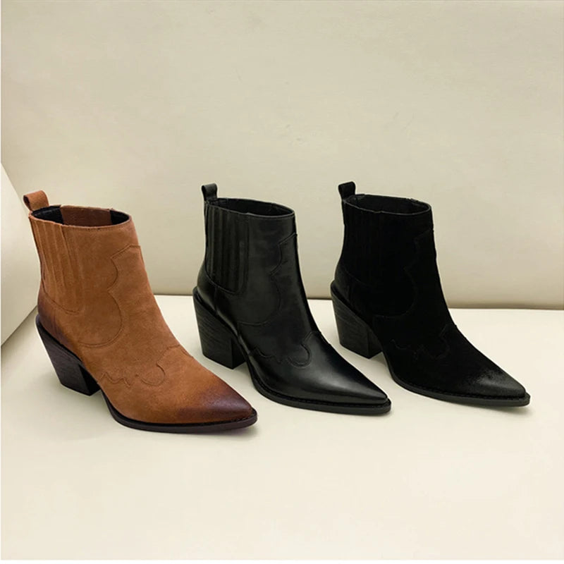 Women's Leather Pointed Toe Mid Heel Ankle Thick Square Heel Slip On Western Cowboy Boots