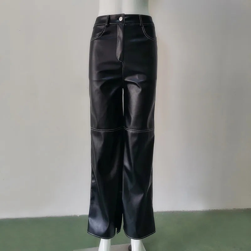 Women Black PU Leather Wide Leg Trousers