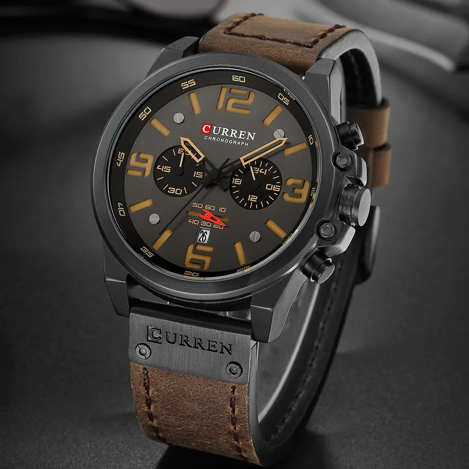 Men's Military Sports Watch - Chronograph Waterproof with Genuine Leather Strap