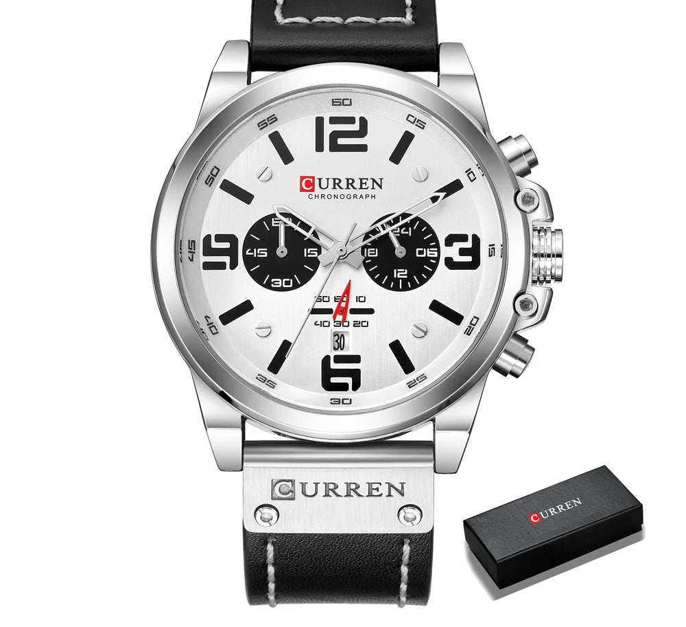 Men's Military Sports Watch - Chronograph Waterproof with Genuine Leather Strap