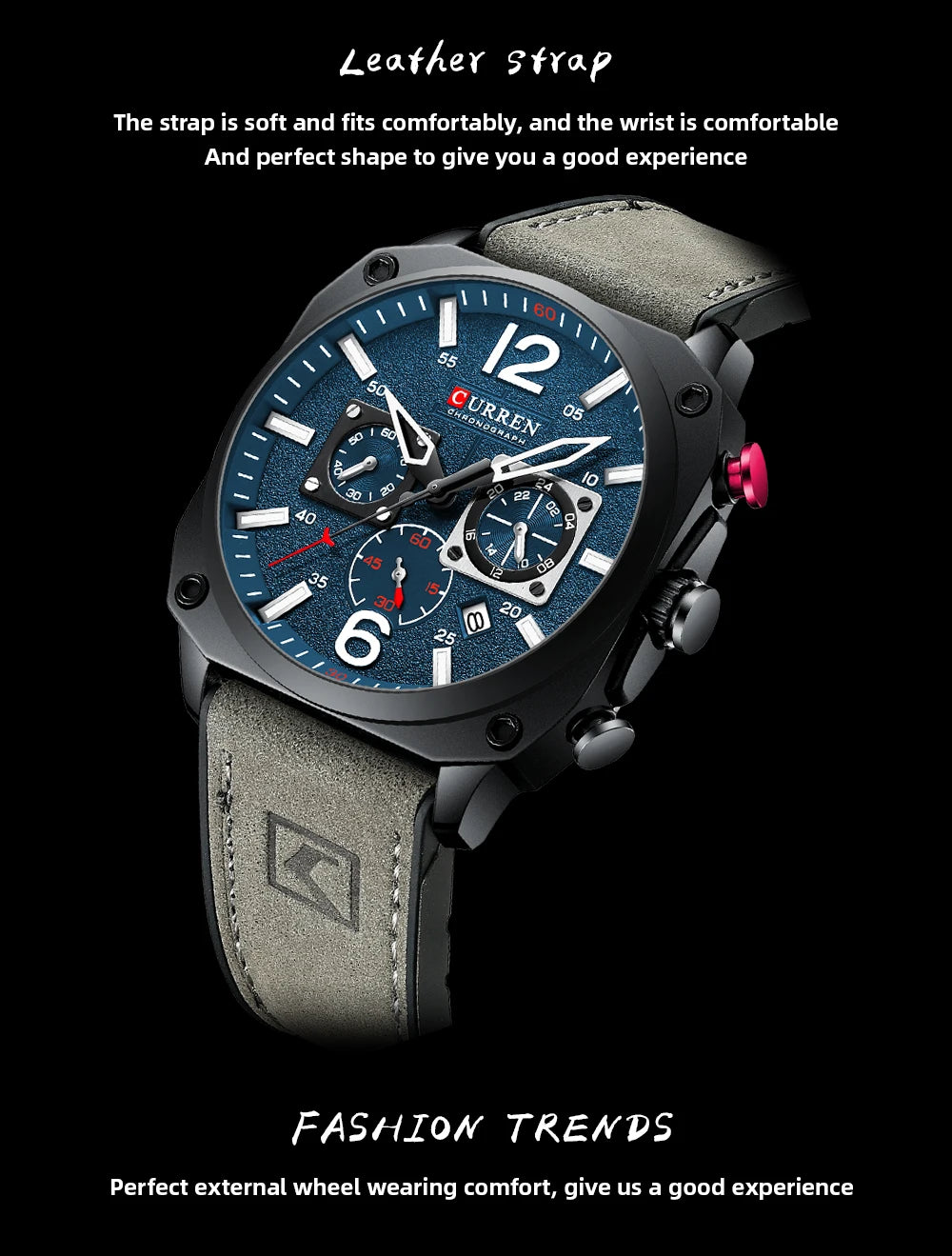 Men's Military Sports Watch - Leather Strap Chronograph Quartz