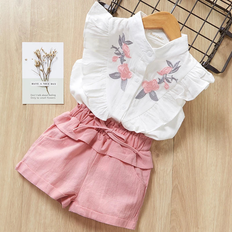 Children's Chiffon Flowers Blue T-shirt Pants Girls Clothing Sets Kids Summer Set for 3-7 Years