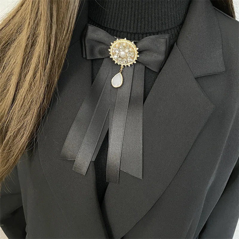 Ribbon Fabric Bow Tie Brooch - Crystal College Style Collar Pin