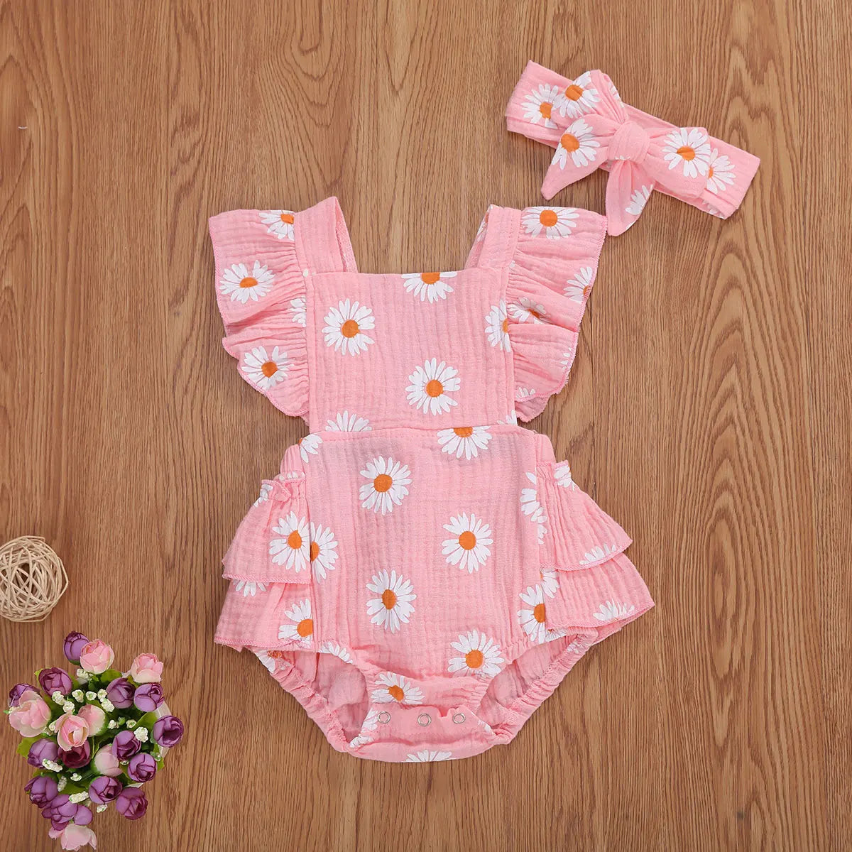 Newborn Baby Bodysuit with Headband - Floral Print Short Sleeve Backless Jumpsuit