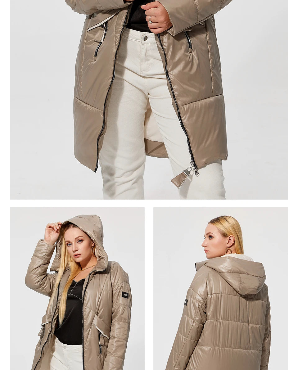 Women's Hooded Parka Jacket Plus Size Mid-Length Cotton Lined Coat