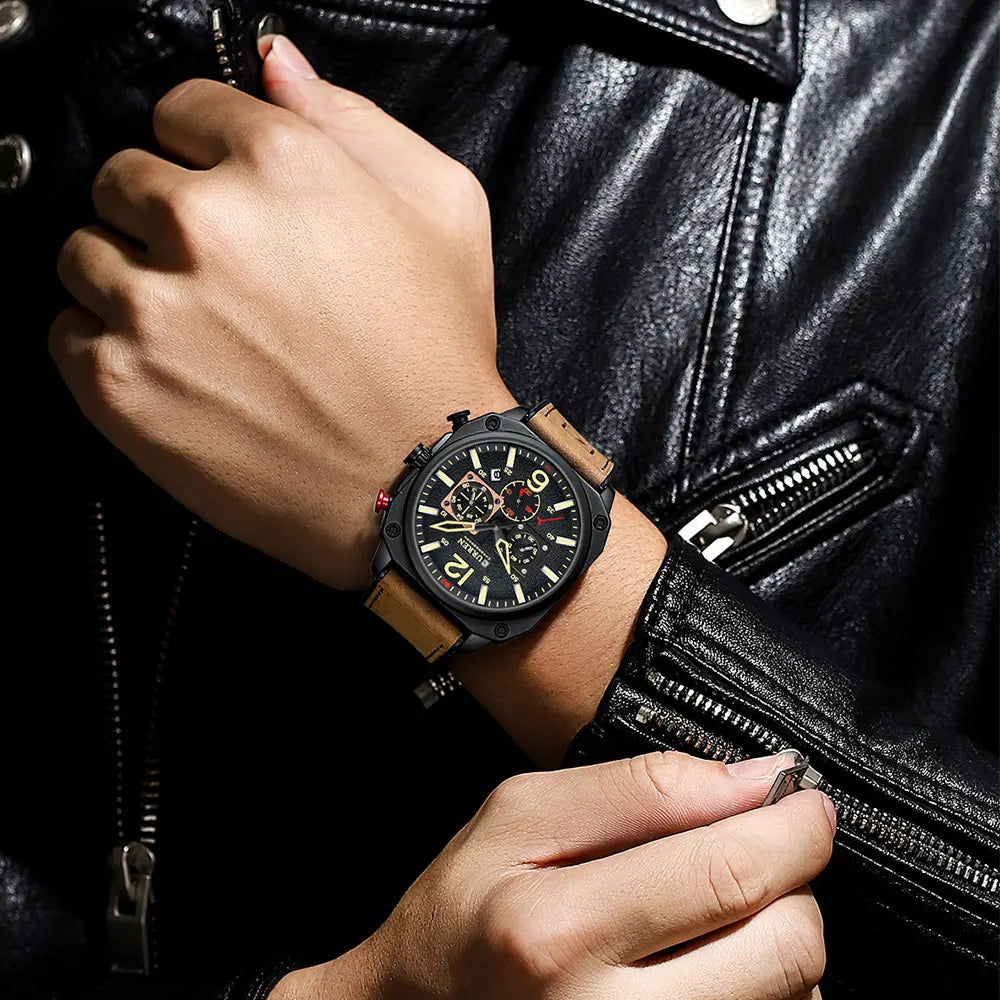 Men's Military Sports Watch - Leather Strap Chronograph Quartz