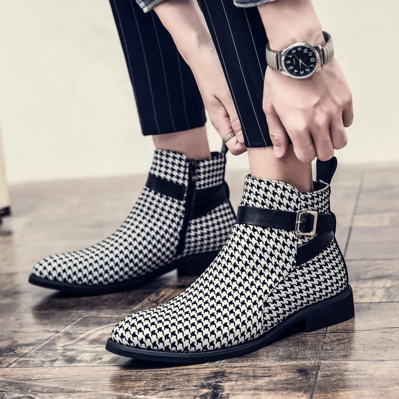 Men's Houndstooth Ankle Boots - Leather Buckle Dress Shoes