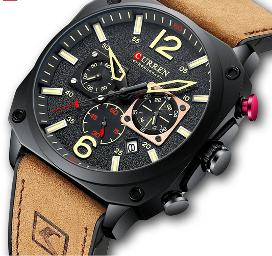 Men's Military Sports Watch - Leather Strap Chronograph Quartz