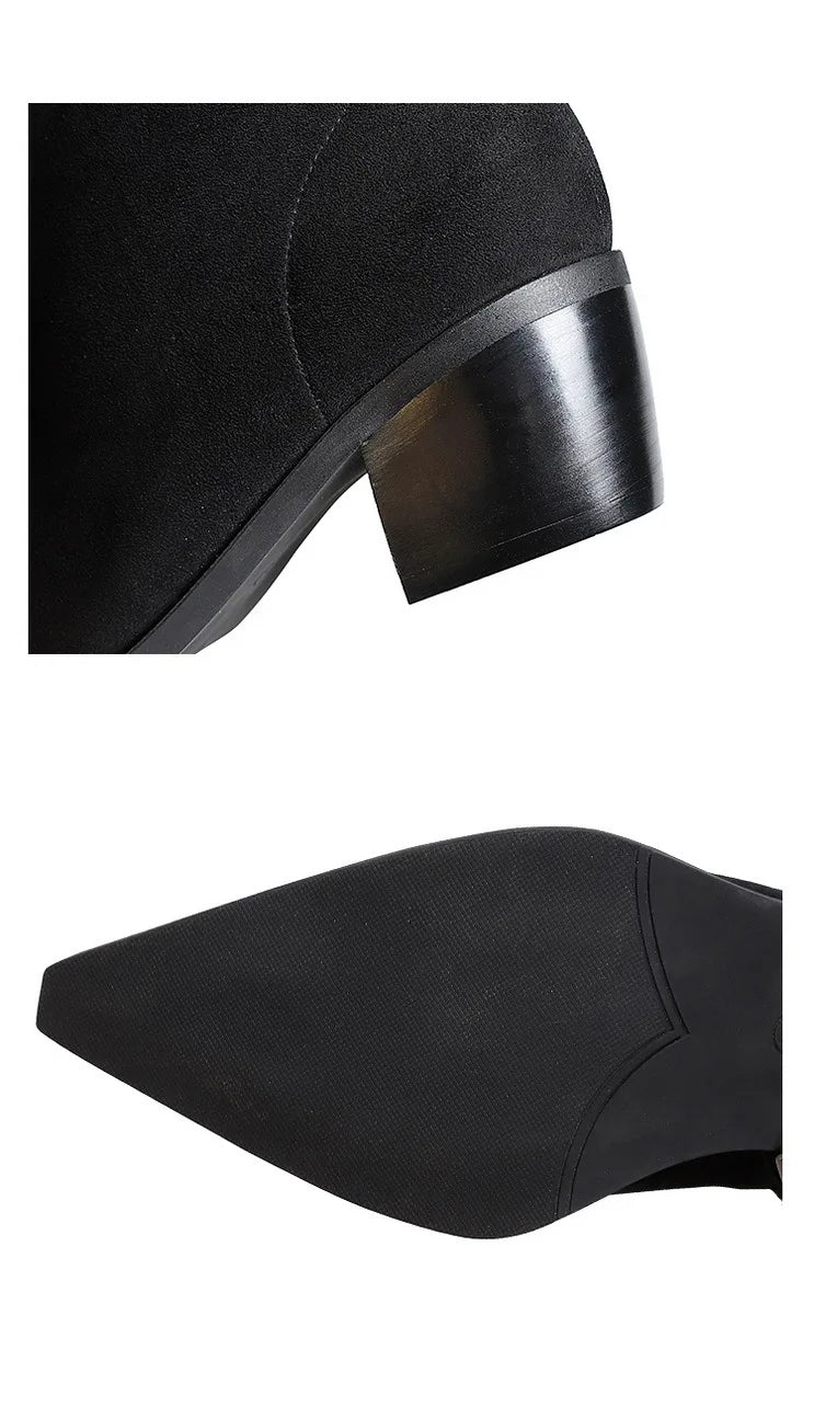 Suede Ankle Boots - Pointed Toe Thick Heel Autumn Boots for Women