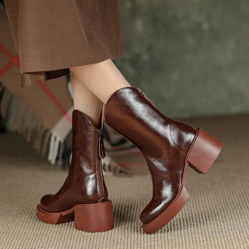 Women's Genuine Leather Chunky Heels Ankle Boots