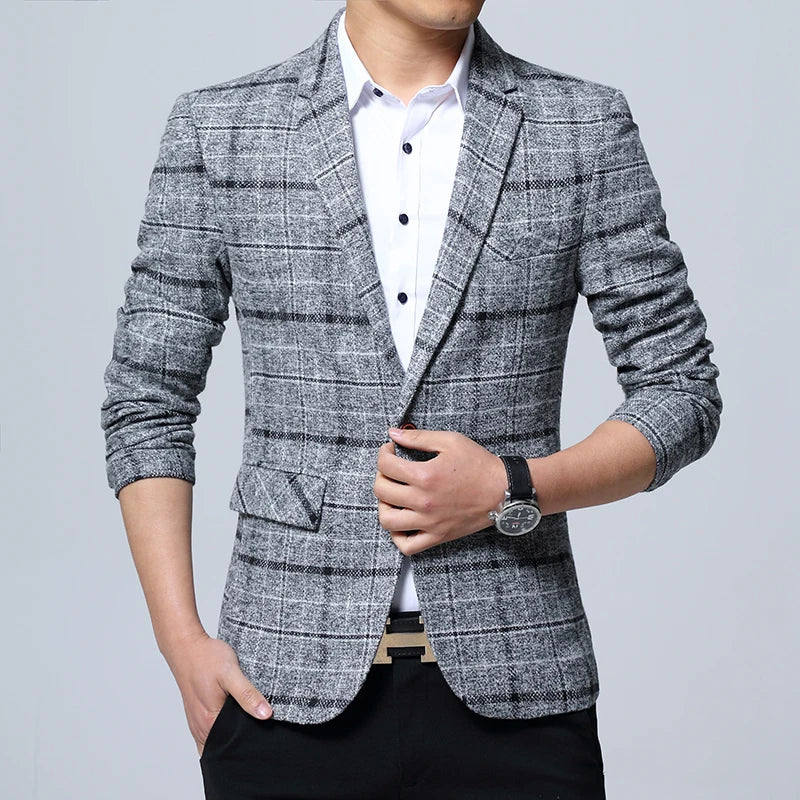 Men Blazers Slim Fit Plaid Blazer Jacket