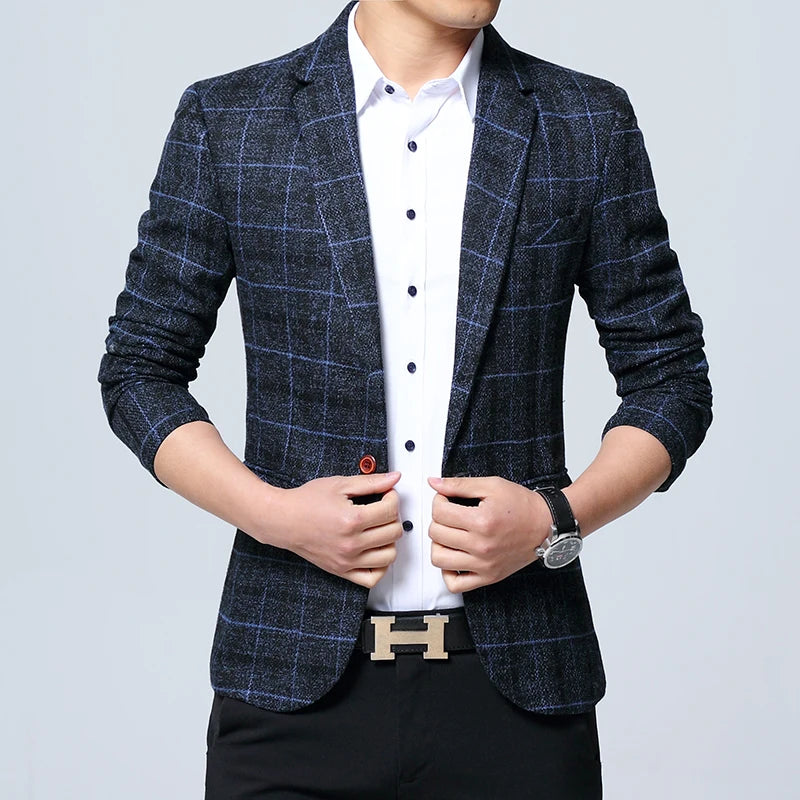 Men Blazers Slim Fit Plaid Blazer Jacket