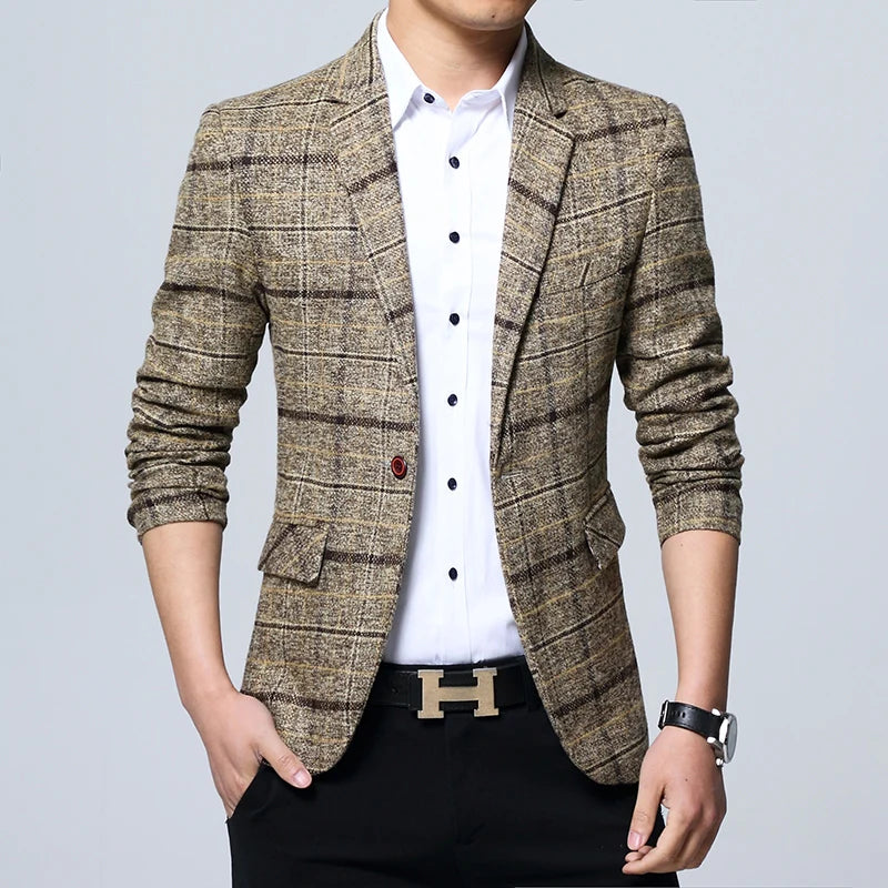 Men Blazers Slim Fit Plaid Blazer Jacket