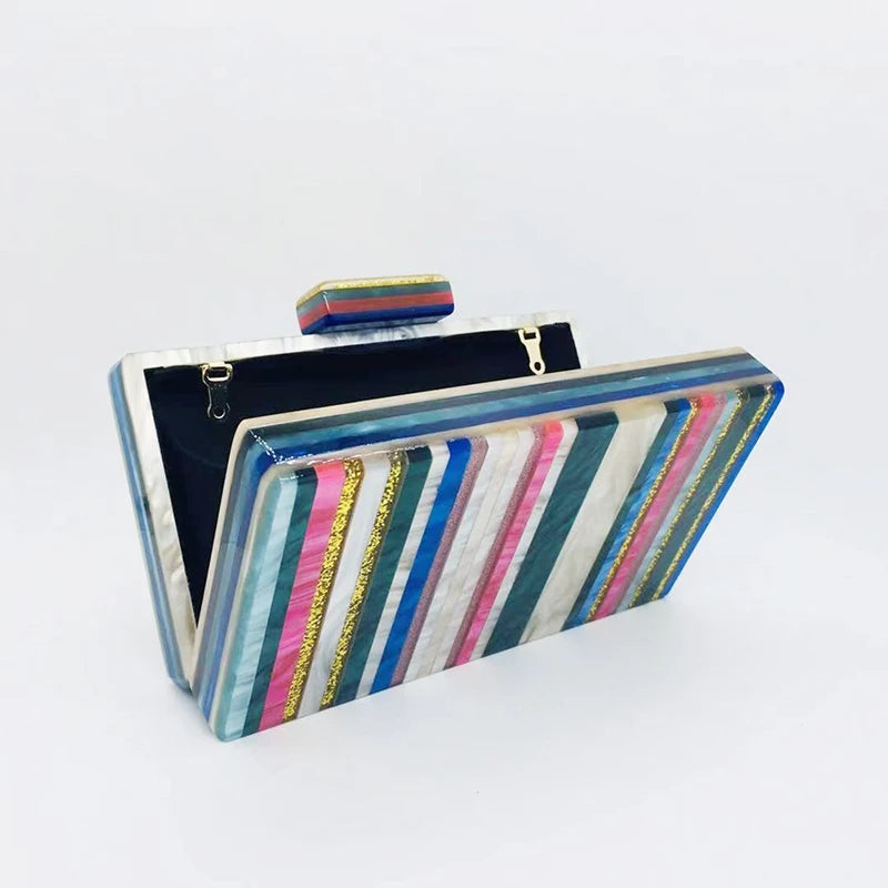 Women's Wallet Acrylic Gold Sequins Handbag - Pearl Striped Patchwork Clutch Purse