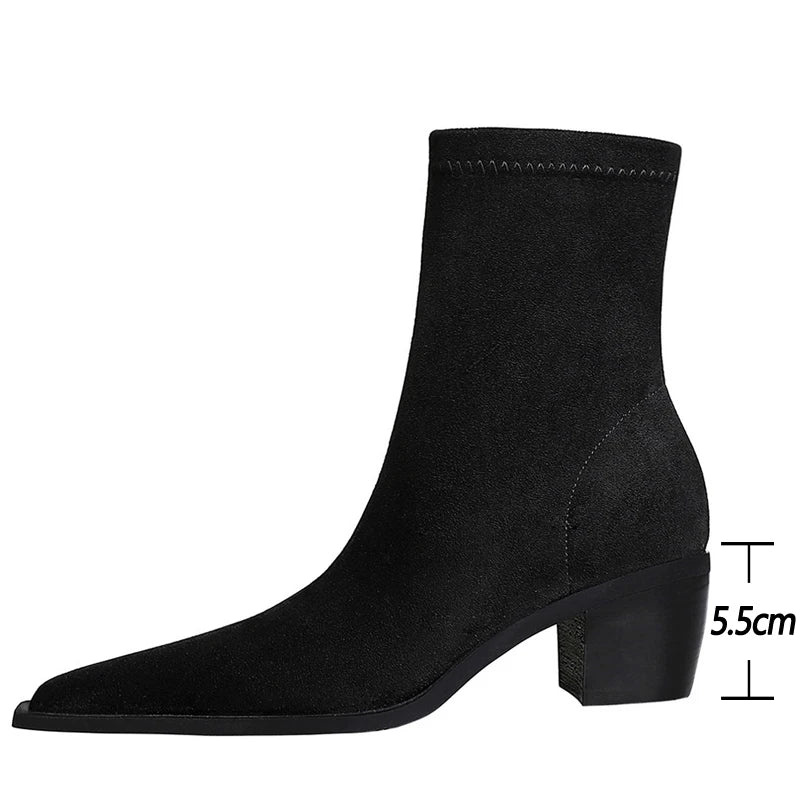 Suede Ankle Boots - Pointed Toe Thick Heel Autumn Boots for Women
