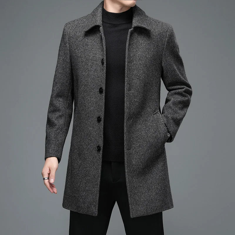 Men's Winter Long Overcoat Turn Down Collar Wool Blends Jacket