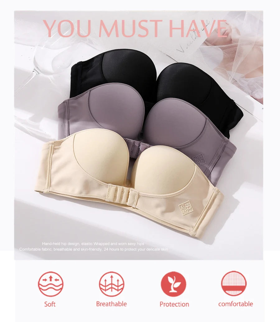 Women's Strapless Bra Women Super Push Up Bra Lingerie - Invisible Brassiere Front Closure Bra