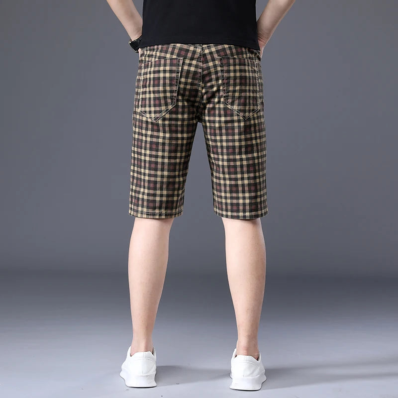 Men's Thin Plaid Shorts Men Knee Length Pants Straight Beach Short 98%Cotton Blue Plaid Patchwork Pant Male