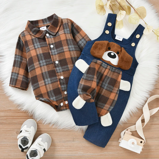 Baby Boys Gentleman Clothes Set 2pcs - Plaid Printed Shirts Romper Babygrow Cartoon Bear Overalls Pants