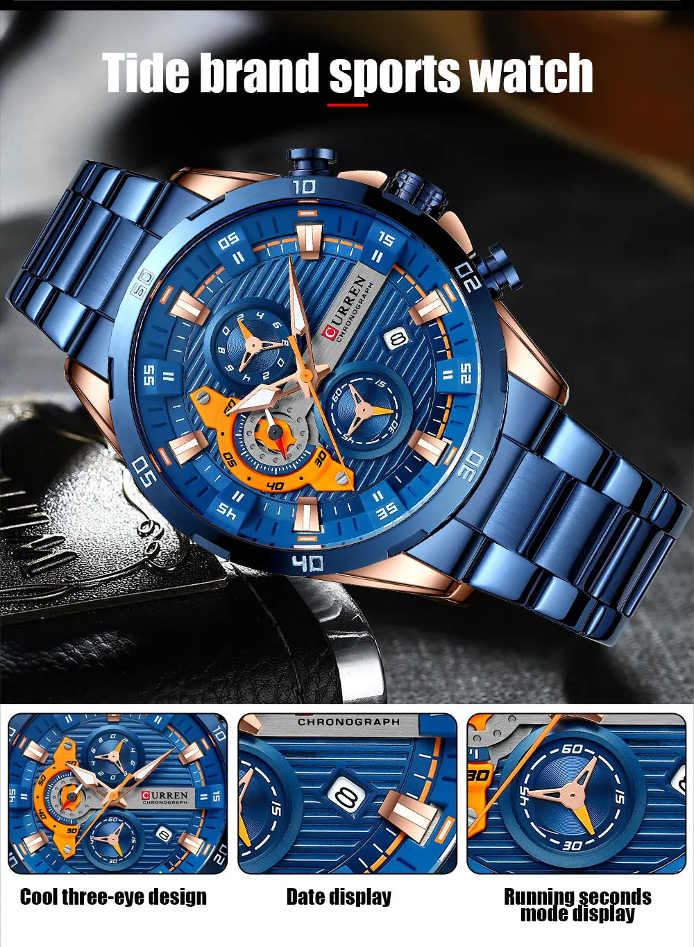 Men's Sports Watch - Full Steel Waterproof Chronograph Quartz