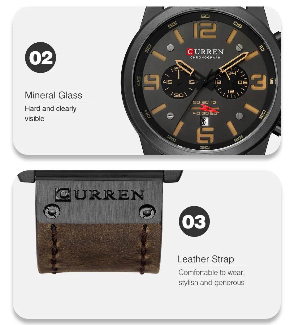Men's Military Sports Watch - Chronograph Waterproof with Genuine Leather Strap