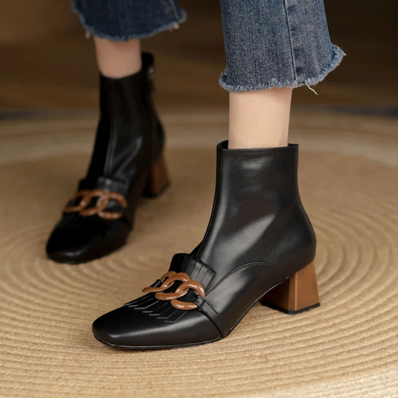 Women Shoes Fringe Women Boots Winter Ankle Boots Zapatos De Mujer Womens Boots Square Toe Genuine Leather Black Boots