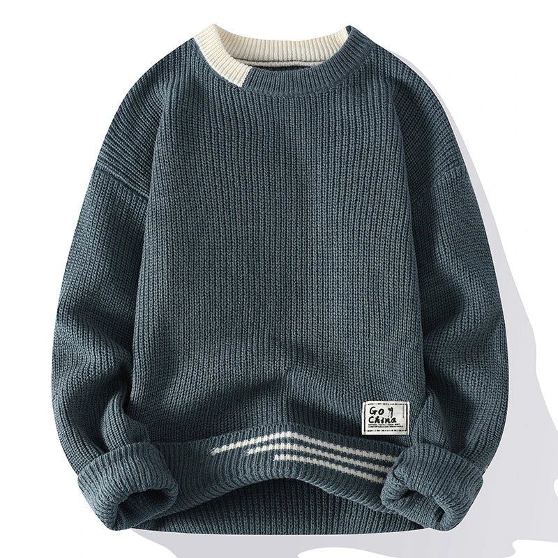 Men's Patchwork Knit Sweater - Slim Fit O-Neck Pullover for Autumn Winter